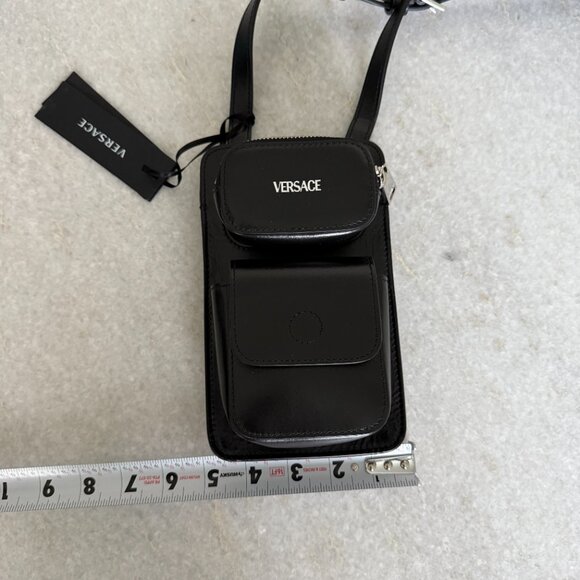 VERSACE 1013558 Black Calf Leather Phone Pouch Bag with lanyard ($1150 retail) - Picture 13 of 15